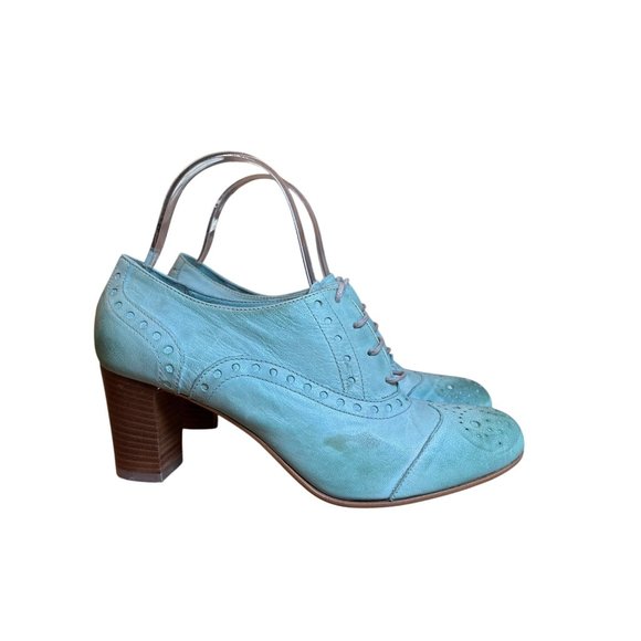 Sundance Catalog Teal Green Oxford Shoes Heels Menswear Look Distressed Laced Si - Picture 2 of 10